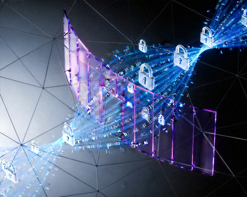 展示网络安全、数据加密和防火墙保护概念的抽象插图